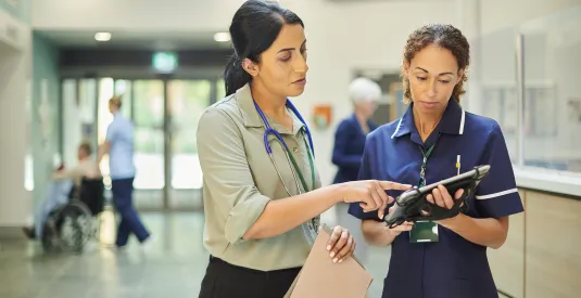  Hospital colleagues checking medical records database